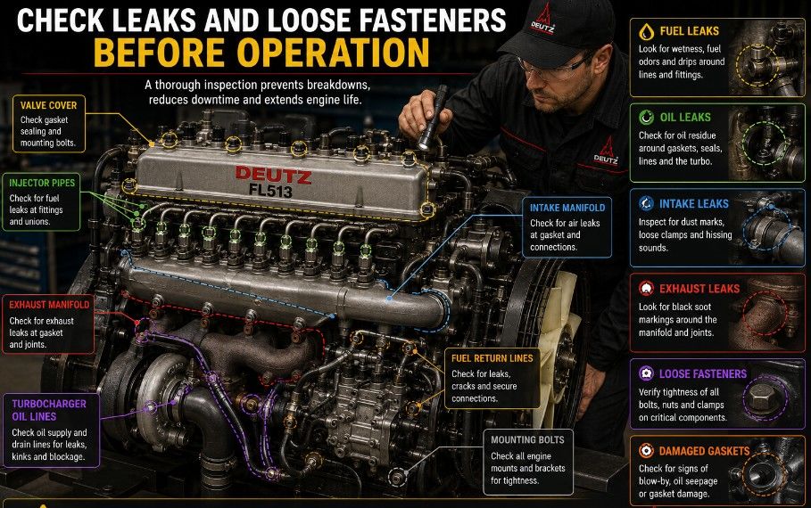 Inspecting Deutz FL513 engine gaskets, fuel lines and fasteners for leaks