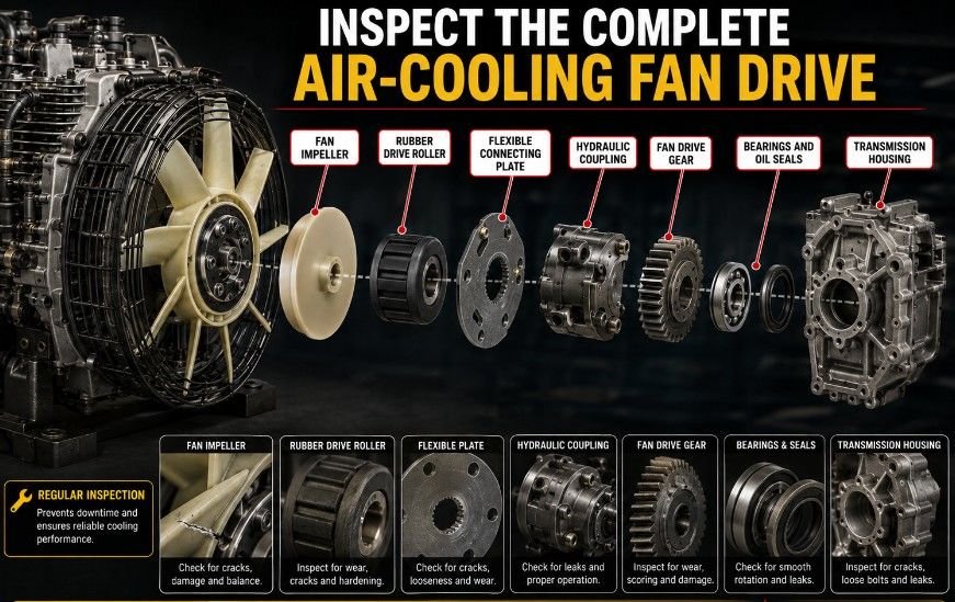 Inspection points for the Deutz FL513 cooling fan and fan-drive system