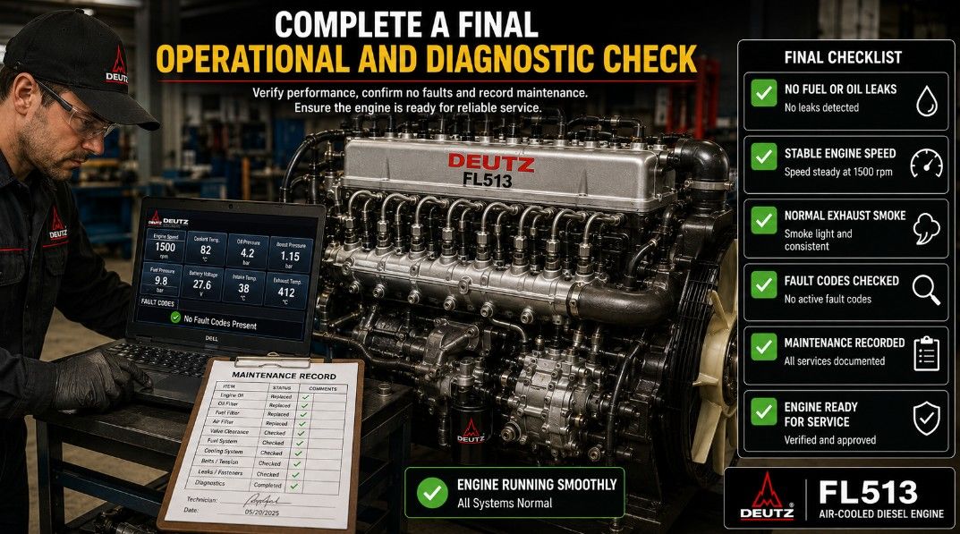 Final operational and diagnostic verification after Deutz FL513 engine maintenance