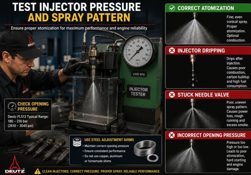 Testing Deutz FL513 fuel injector opening pressure and spray pattern