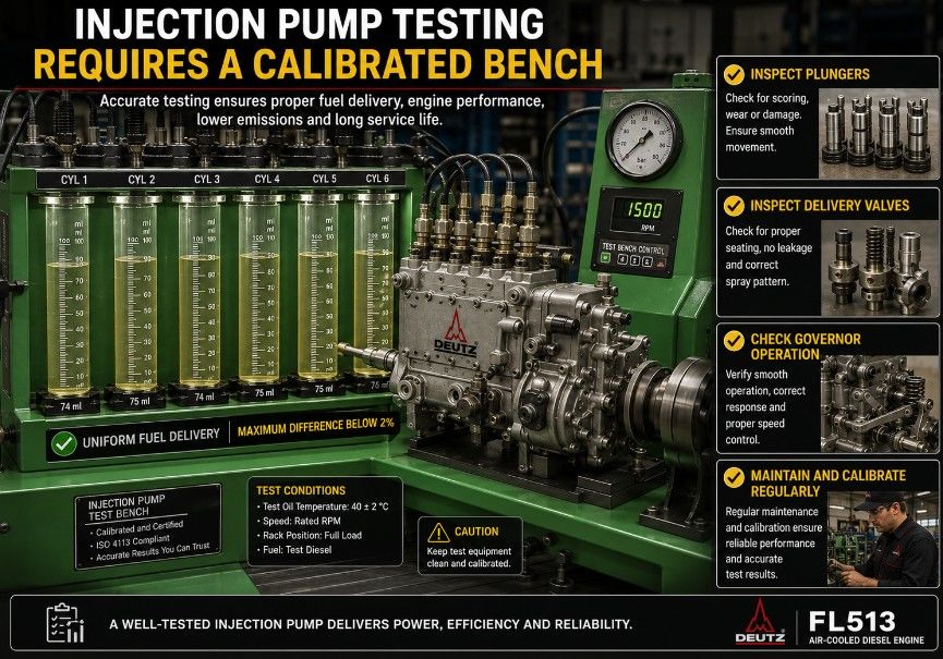 Deutz FL513 fuel injection pump being calibrated on a professional test bench