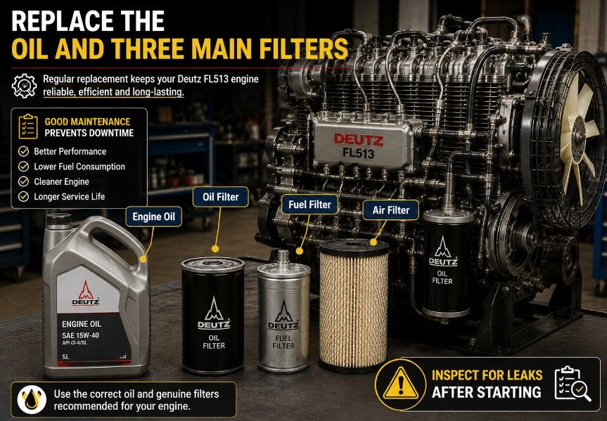 Engine oil, oil filter, fuel filter and air filter replacement for Deutz FL513