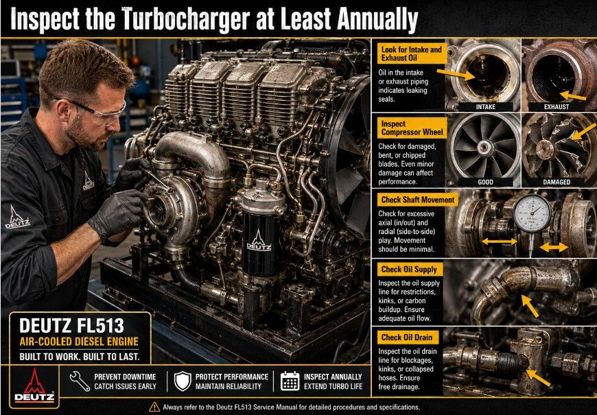 Inspecting a Deutz FL513 turbocharger for bearing wear and oil leakage
