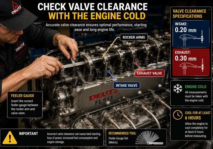 Measuring cold valve clearance on a Deutz FL513 diesel engine