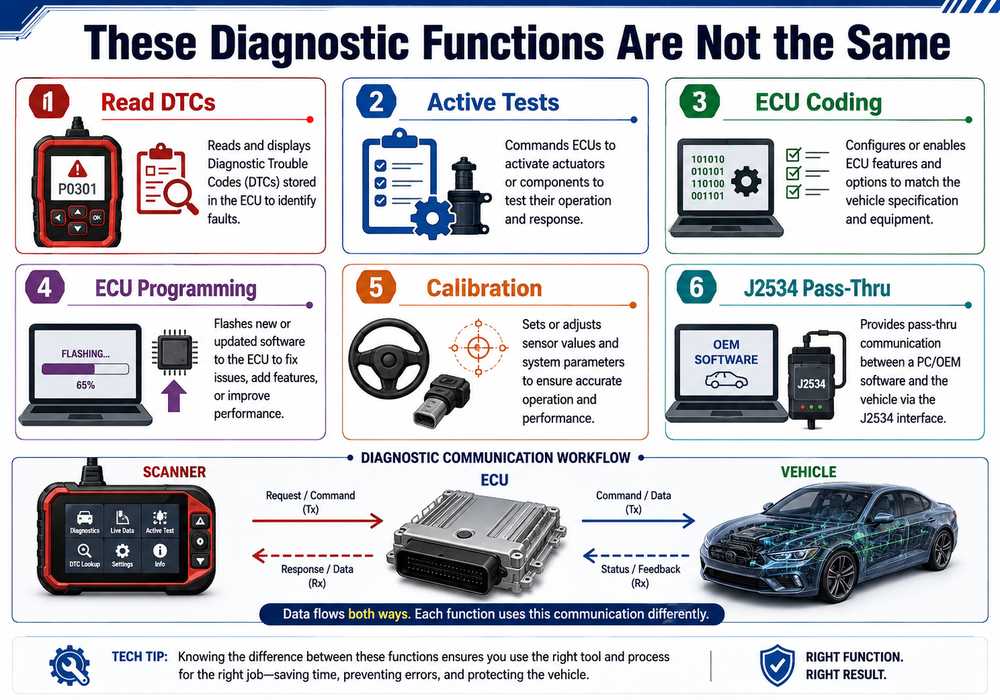 Difference between DTC reading active tests ECU coding programming calibration and J2534