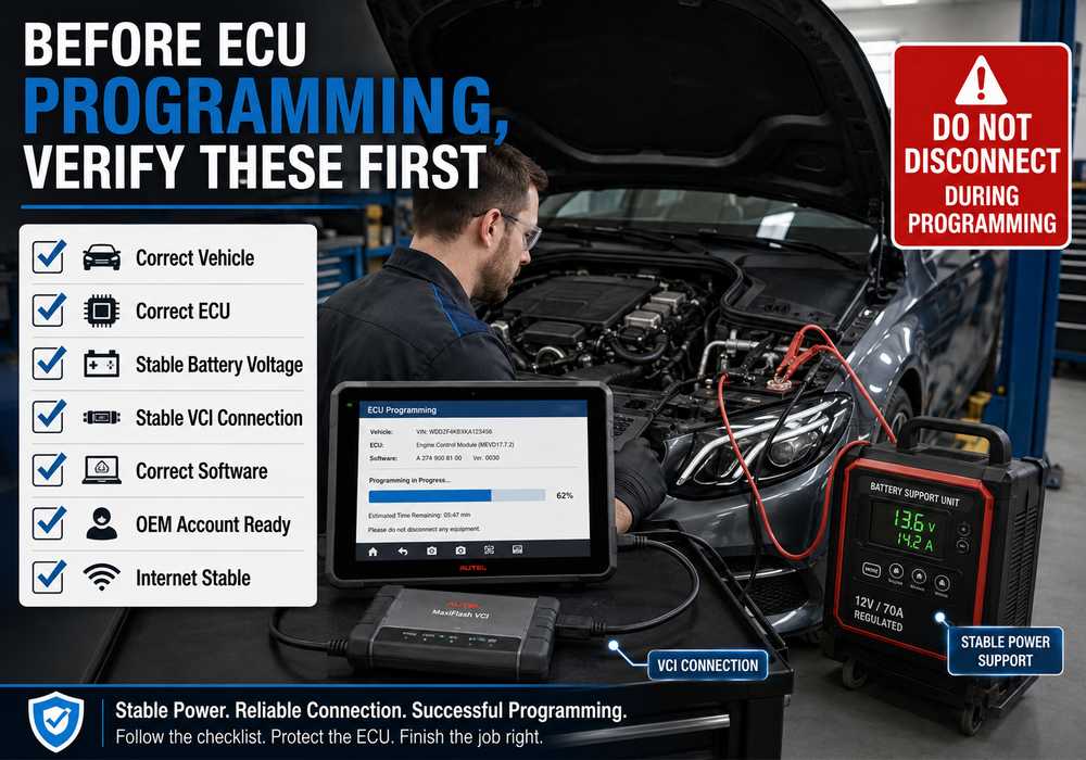 Professional ECU programming safety checklist with battery support and stable VCI connection