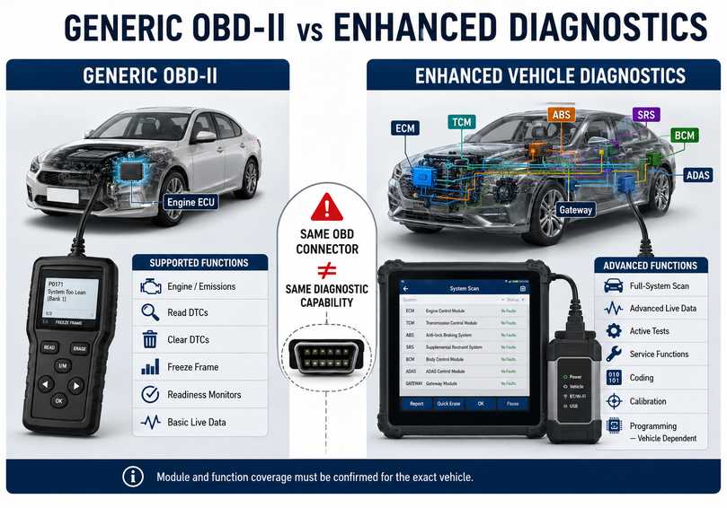 Generic OBD2 diagnostics compared with enhanced vehicle system diagnostics
