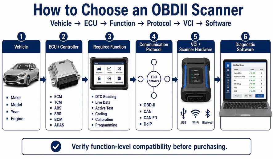 OBDII scanner selection workflow from vehicle to diagnostic software