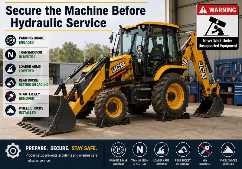 JCB backhoe loader safely positioned before power sideshift ram repair