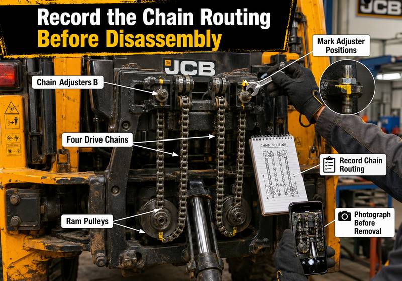 Disconnecting the four chains from a JCB power sideshift ram pulley system