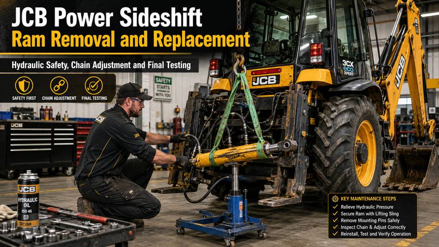 Technician removing the power sideshift ram from a JCB backhoe loader