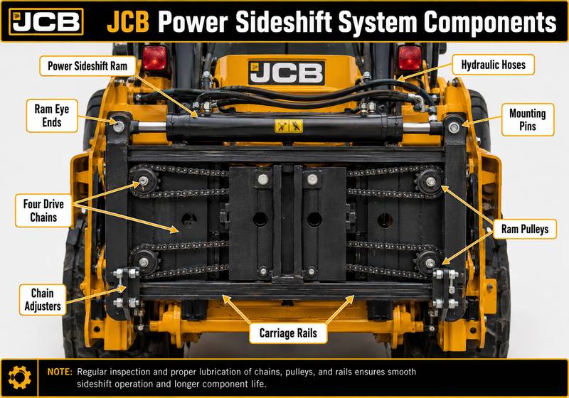 JCB backhoe loader power sideshift ram, chains, pulleys and carriage components