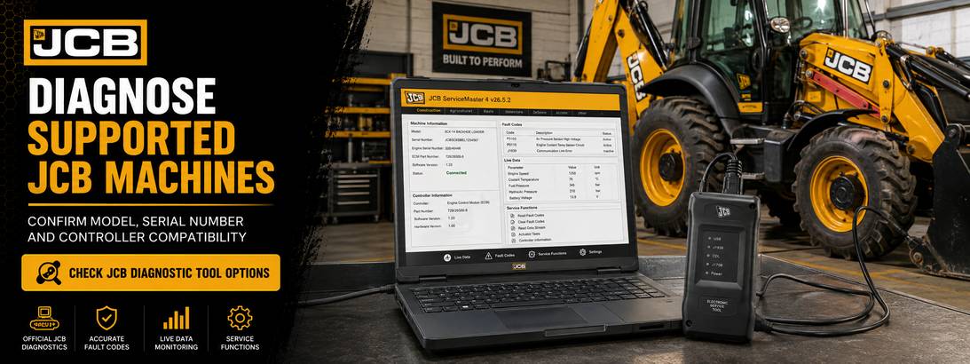 JCB Electronic Service Tool and ServiceMaster software connected to a backhoe loader