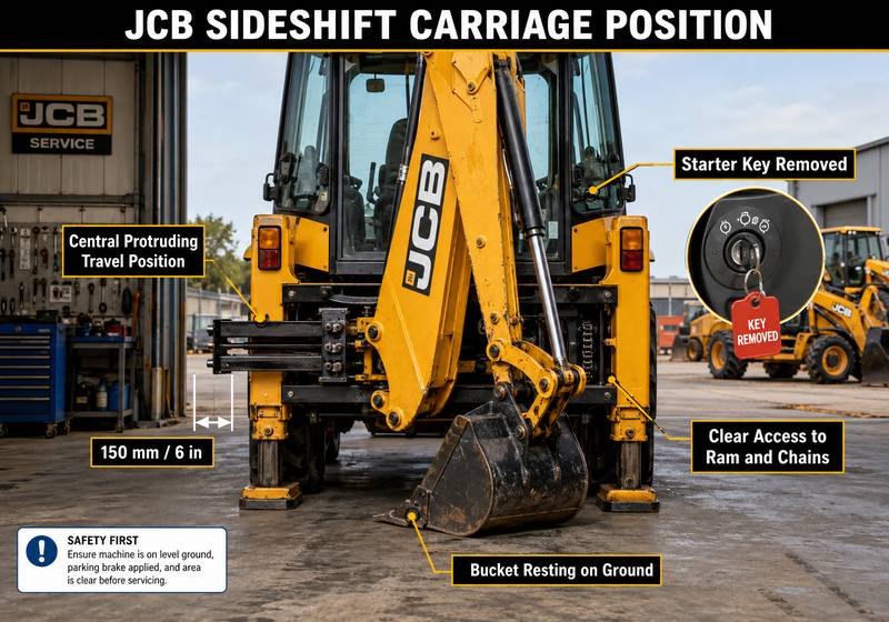 JCB sideshift carriage positioned 150 mm from the end of the rail