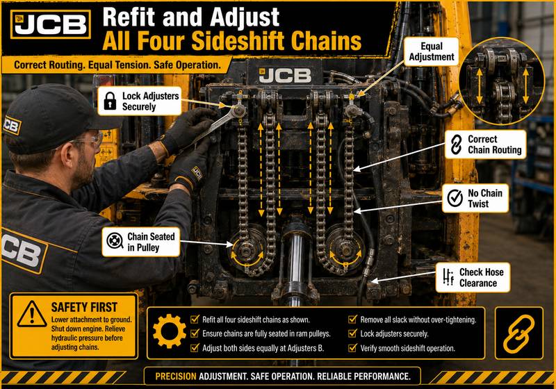 Adjusting the four power sideshift chains on a JCB backhoe loader