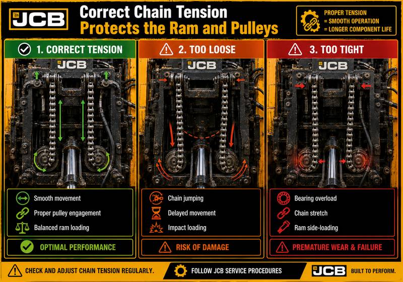Comparison of correct, loose and overtightened JCB sideshift chains