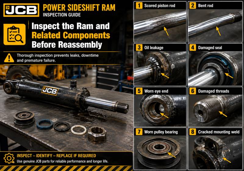 Inspecting a removed JCB sideshift ram for rod, seal and eye-end damage