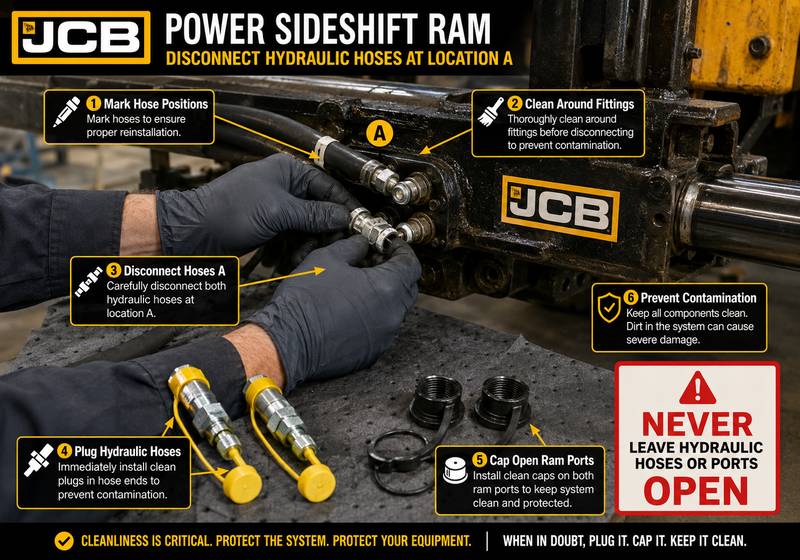 Disconnecting and capping hydraulic hoses on a JCB power sideshift ram