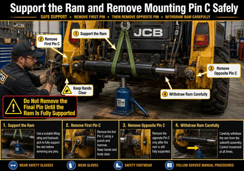 Supporting a JCB power sideshift ram while removing mounting pin C