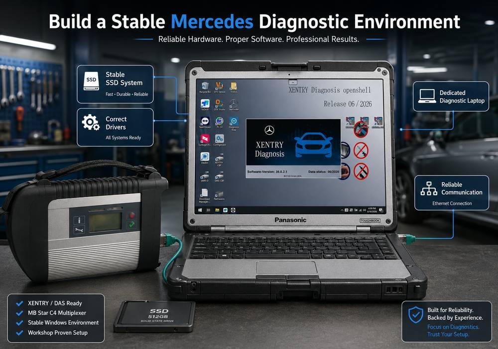 Mercedes MB Star C4 diagnostic laptop setup for workshop use