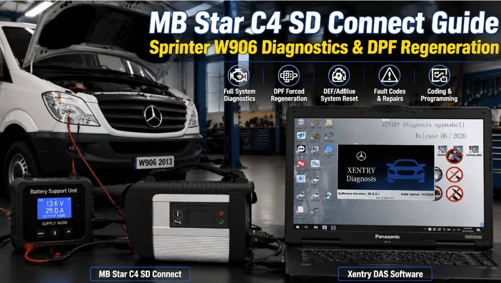 Technician using MB Star C4 SD Connect with Xentry DAS software on a Mercedes Sprinter W906