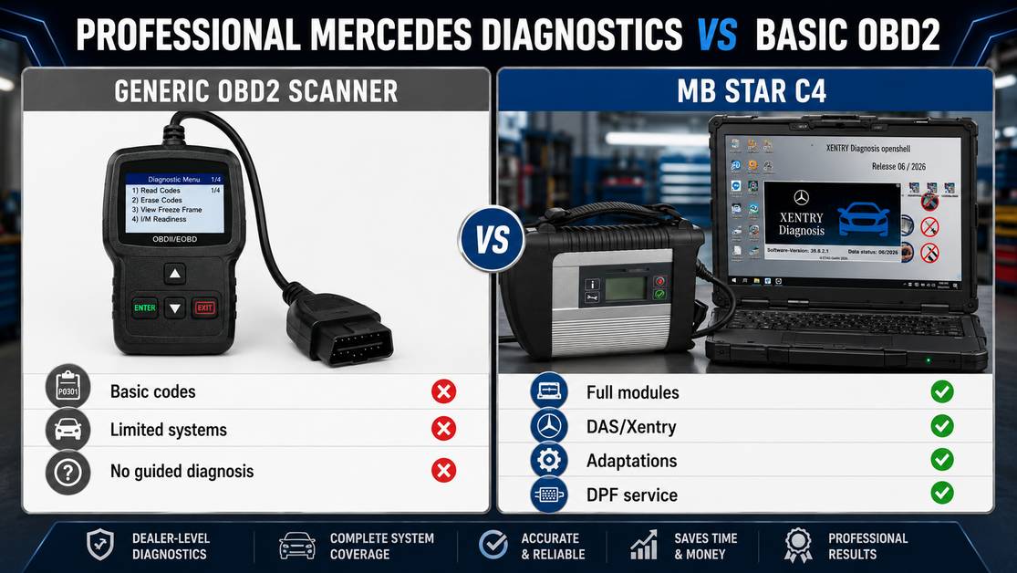 Comparison between MB Star C4 Mercedes diagnostic tool and generic OBD2 scanner