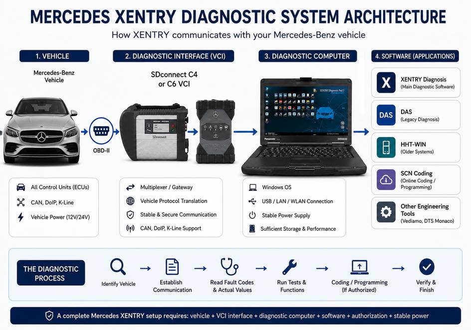 Mercedes XENTRY diagnostic system connection from vehicle through C4 or C6 VCI to laptop
