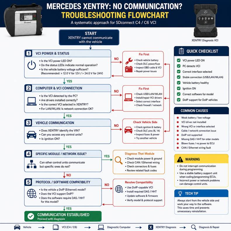 Mercedes XENTRY no communication troubleshooting flowchart for C4 and C6 VCI