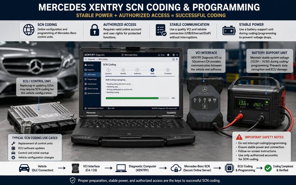 Mercedes XENTRY SCN coding setup with diagnostic VCI and battery support unit