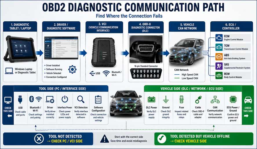 OBD2 scanner communication path from diagnostic computer to vehicle ECU