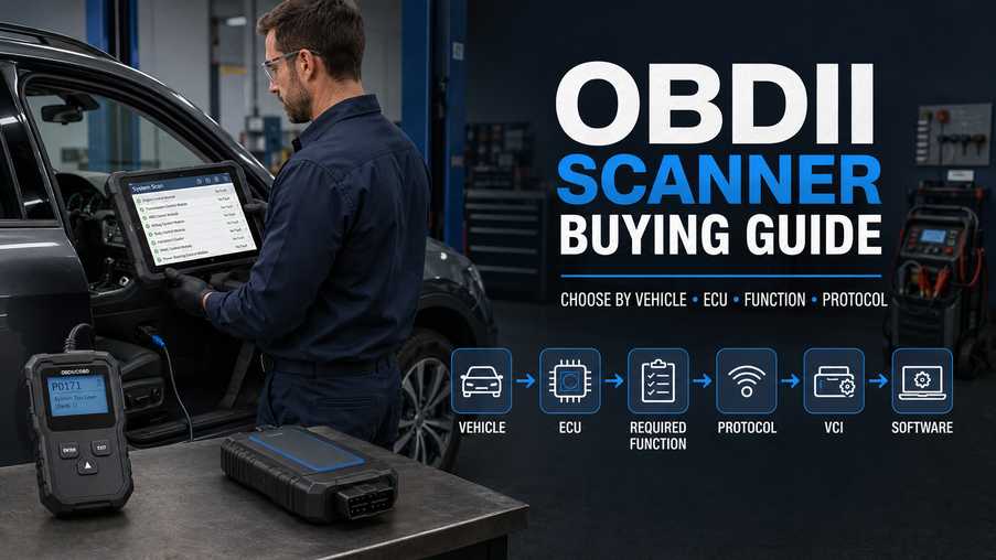 Technician selecting an OBDII scanner by vehicle ECU function and protocol