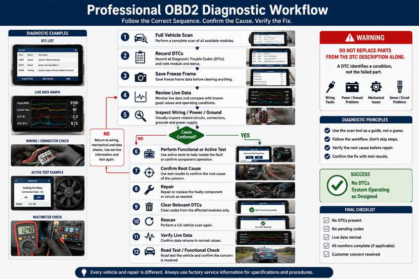 Professional OBD2 diagnostic workflow from fault scan to post repair verification