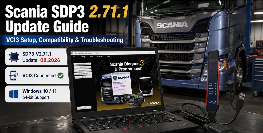 Scania SDP3 2.71.1 diagnostic software connected to a Scania truck with VCI3