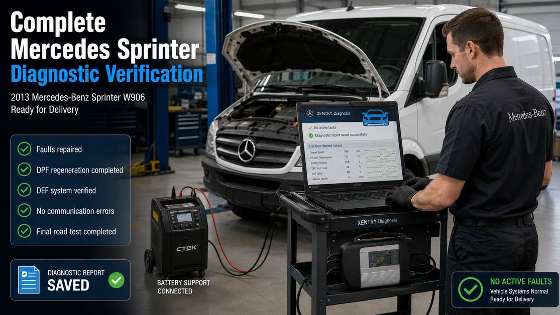 Technician verifying Mercedes Sprinter repairs after MB Star C4 diagnostics