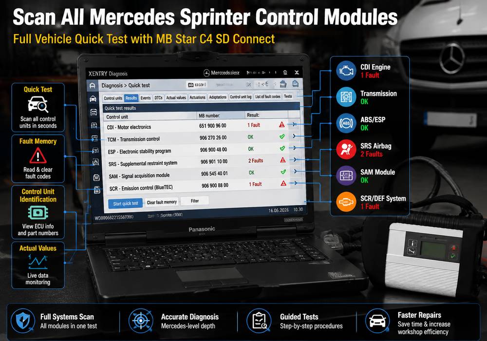 Mercedes Sprinter W906 complete ECU scan using MB Star C4 diagnostic tool