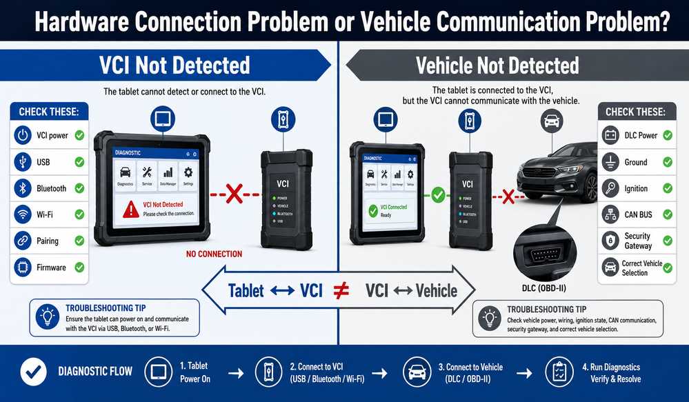 Difference between diagnostic VCI detection failure and vehicle communication failure