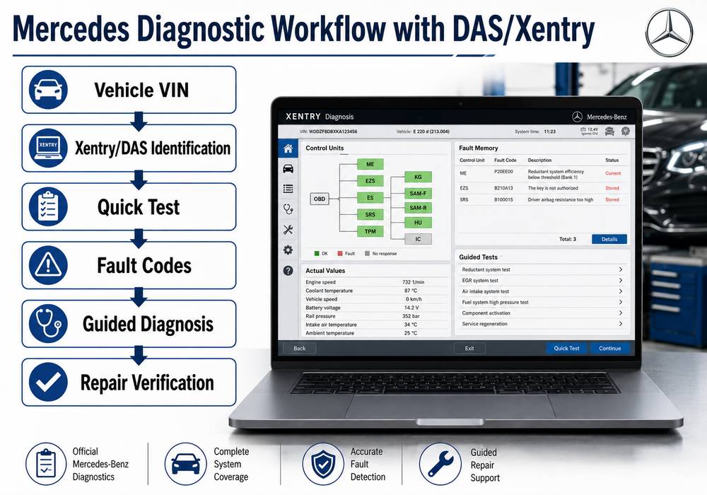 Mercedes Xentry DAS diagnostic workflow using MB Star C4 interface
