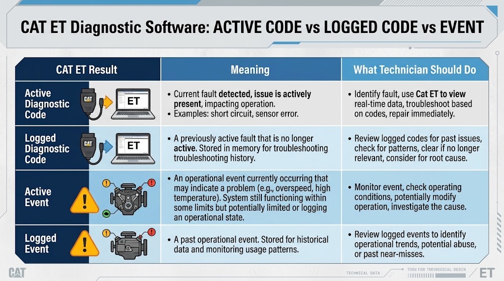 Difference between active codes logged codes and events in CAT ET
