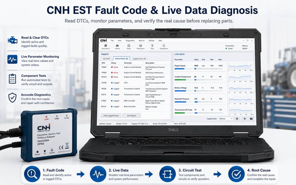CNH EST fault code scan and live data diagnosis for agricultural equipment