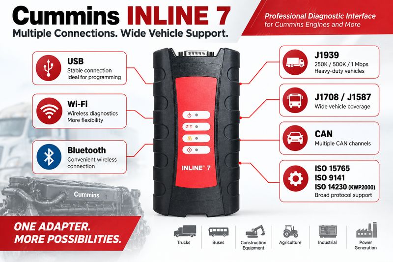 Cummins INLINE 7 USB WiFi Bluetooth J1939 diagnostic connections