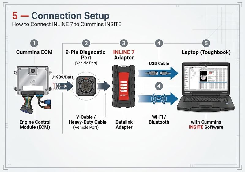 Cummins INLINE 7 connection setup with INSITE laptop and engine ECM
