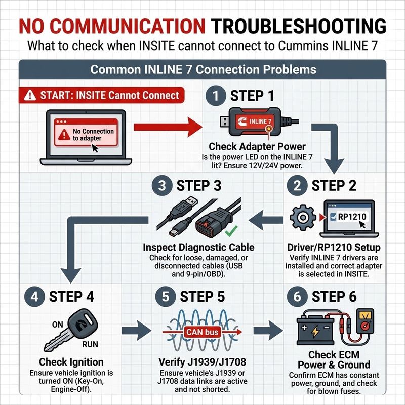 Cummins INLINE 7 INSITE no communication troubleshooting flowchart