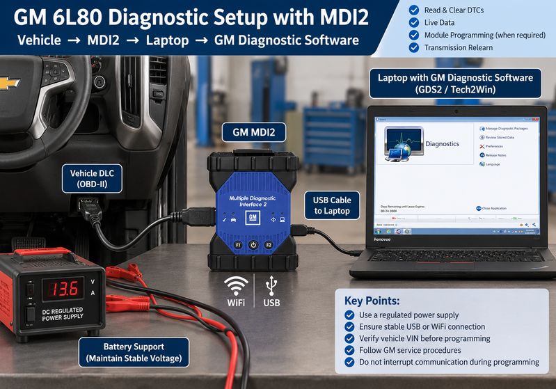 GM MDI2 diagnostic setup for 6L80 transmission service