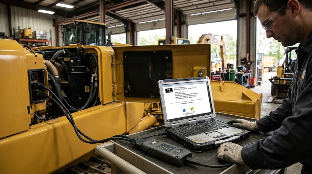 CAT ET diagnostic software connected to Caterpillar equipment through a communication adapter