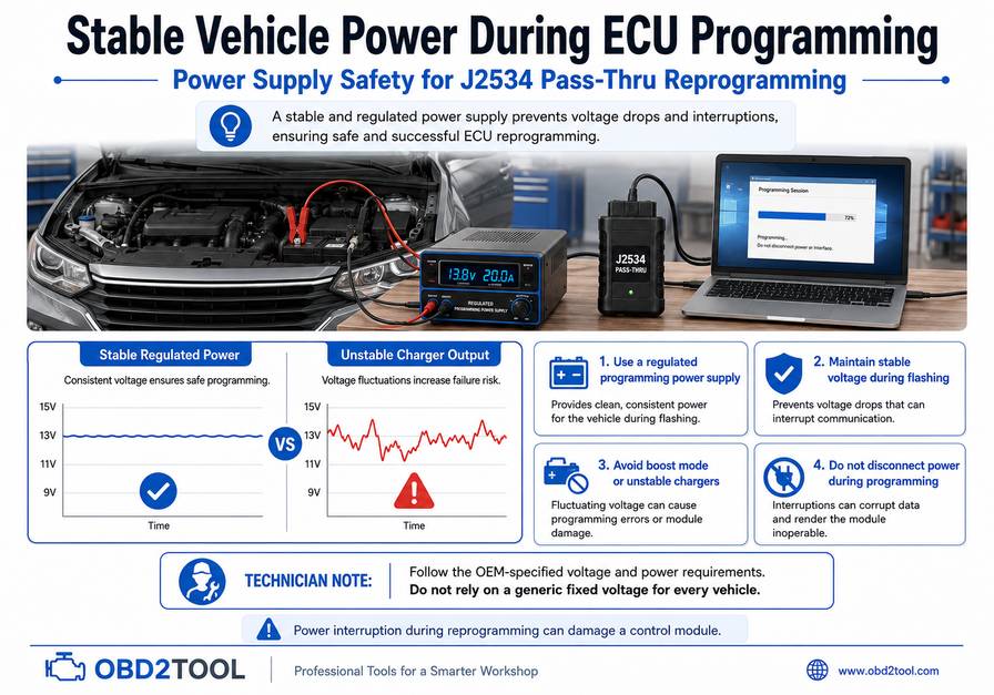 Stable vehicle power supply during J2534 ECU programming to prevent flash interruption