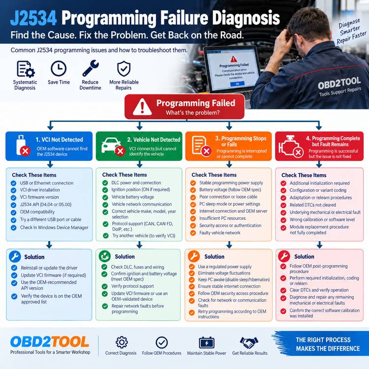 J2534 ECU programming failure troubleshooting flowchart for VCI communication and flash errors