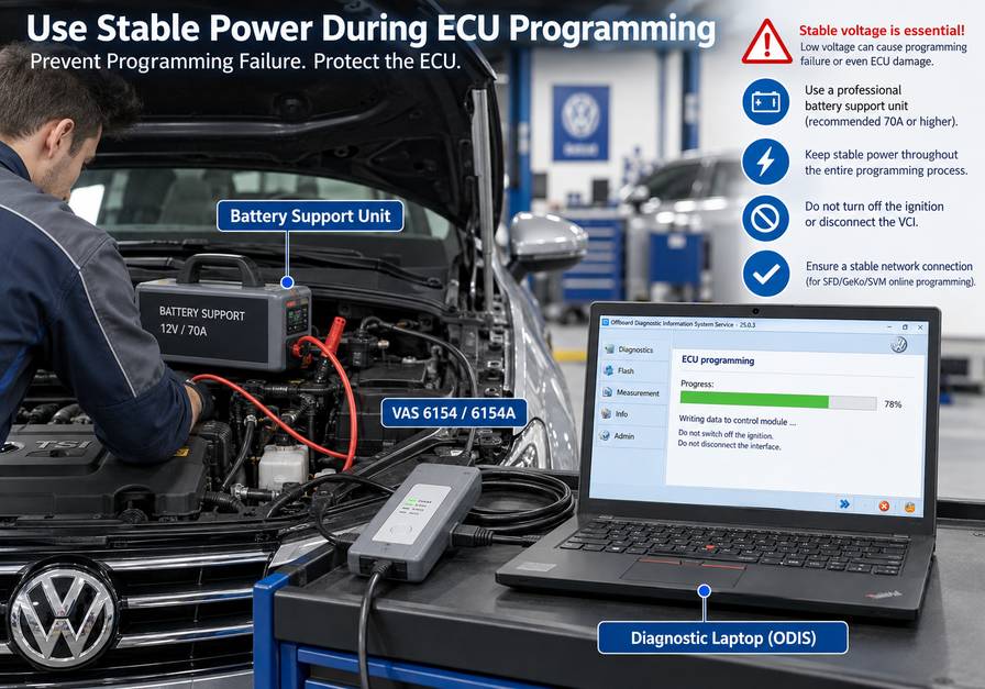 ODIS ECU programming with battery support and VAS 6154 diagnostic interface