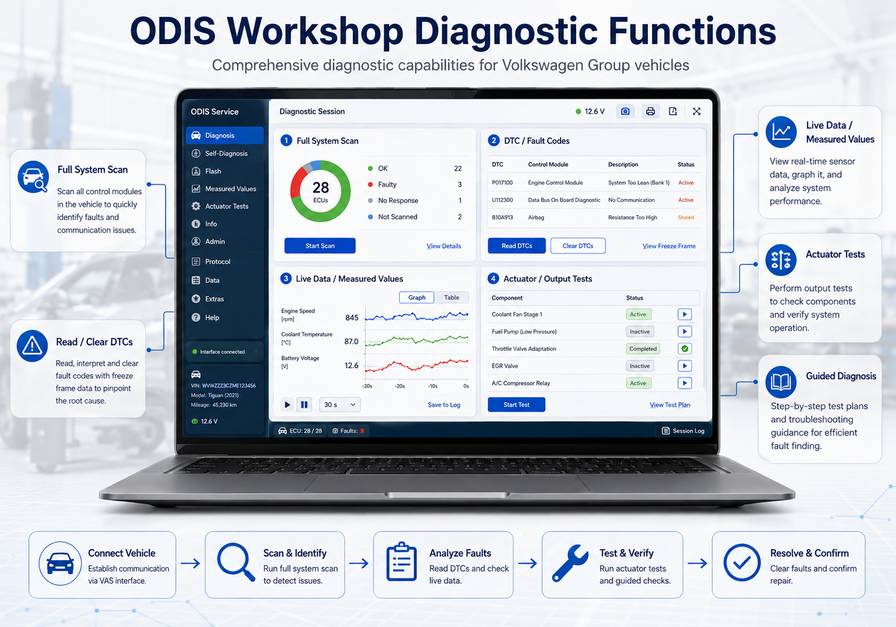 VW ODIS diagnostic functions including fault codes live data and actuator tests
