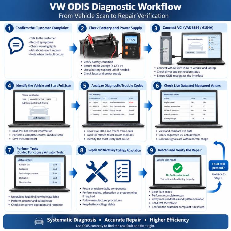VW ODIS diagnostic workflow from vehicle scan through repair verification