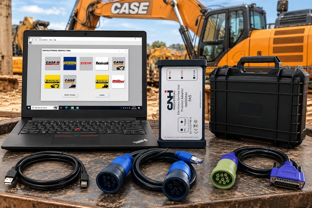 CNH EST diagnostic tool kit for CASE excavators with DPA5 adapter, Lenovo ThinkPad laptop, diagnostic cables, and carrying case